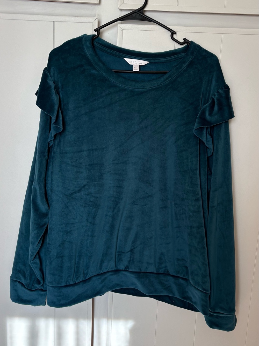 LC Lauren Conrad Teal Velvet Ruffle Long-Sleeve Top